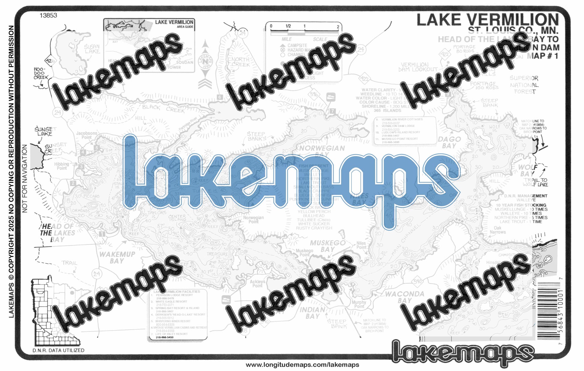 St. Louis County, MN - Lake Vermillion - Map 1 Head of Lakes to Dam - Lakemap - 13853