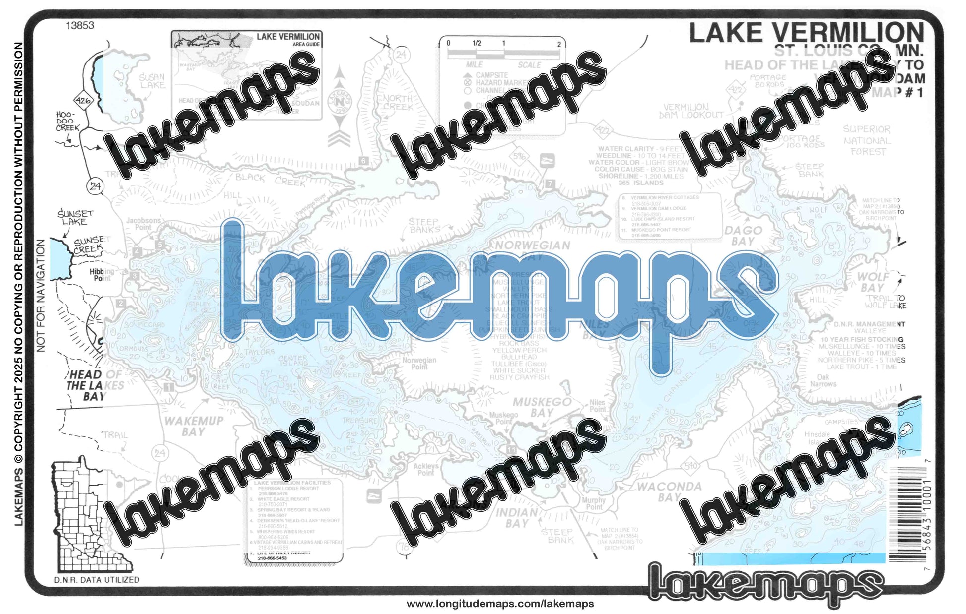 St. Louis County, MN - Lake Vermillion - Map 1 Head of Lakes to Dam - Lakemap - 13853