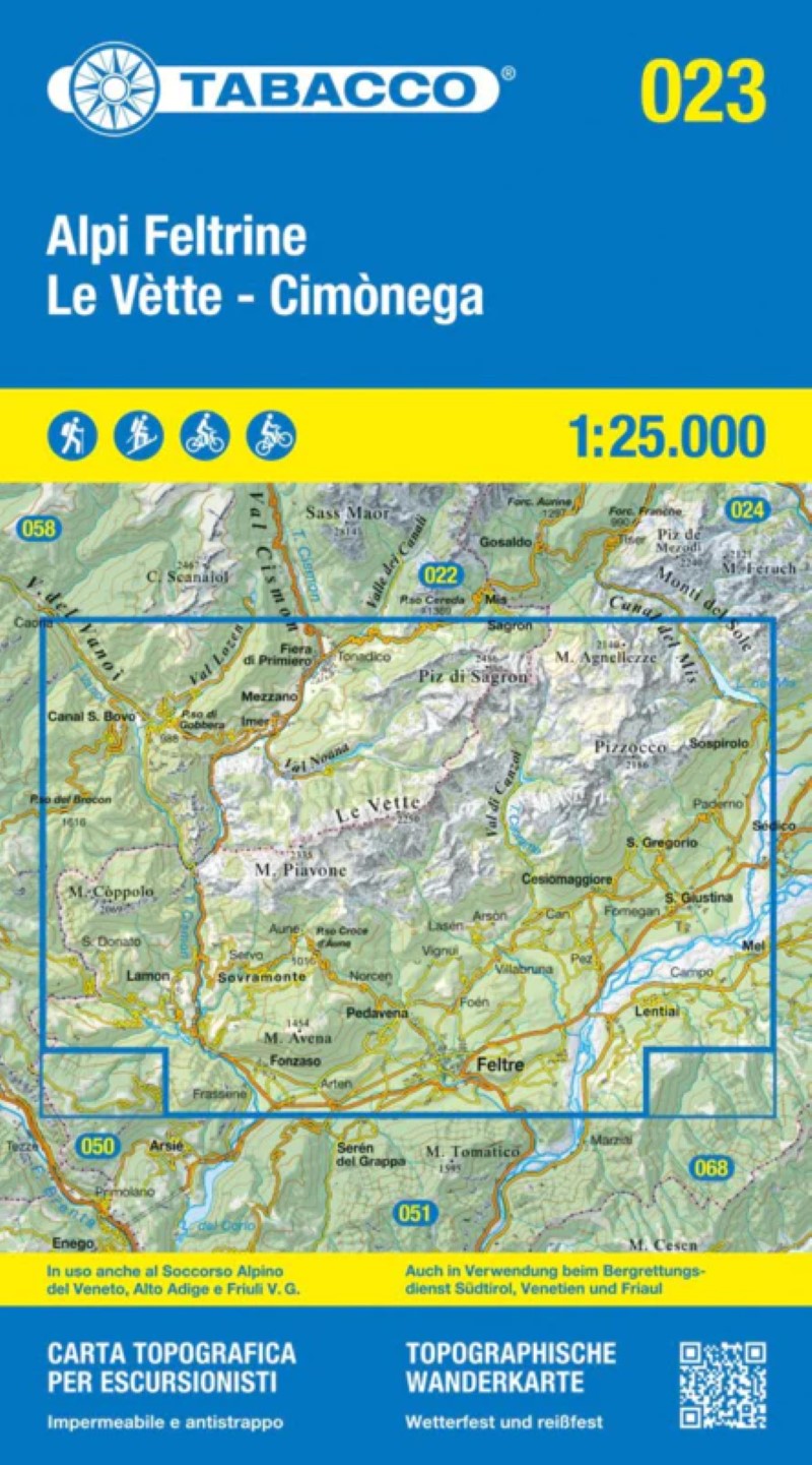 Alpi Feltrine - Cimònega - Lè Vette, Tabacco Map #23 - 1:25,000