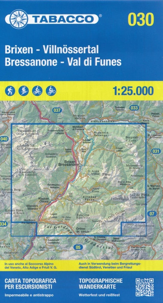 Bressanone/Brixen - Val di Funes/Villnosstal, Tabacco Map #30 - 1:25,000