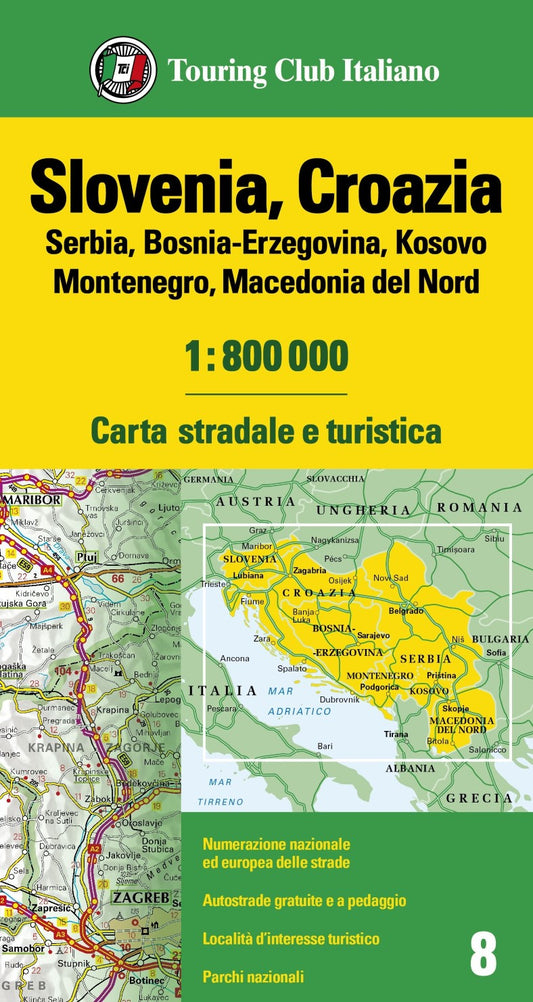 Slovenia, Croatia, Serbia, Bosnia-Erzegovina, Montenegro, and Macedonia Road and Tourist Map