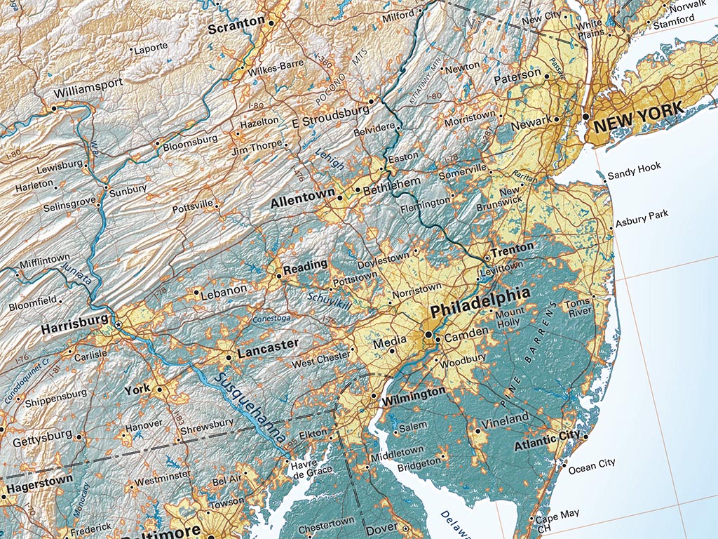 The East Coast Elevation Tints Fine Art Print Map