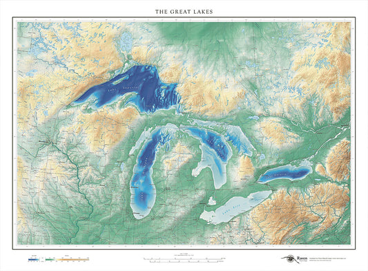 The Great Lakes Elevation Tints Fine Art Print Map