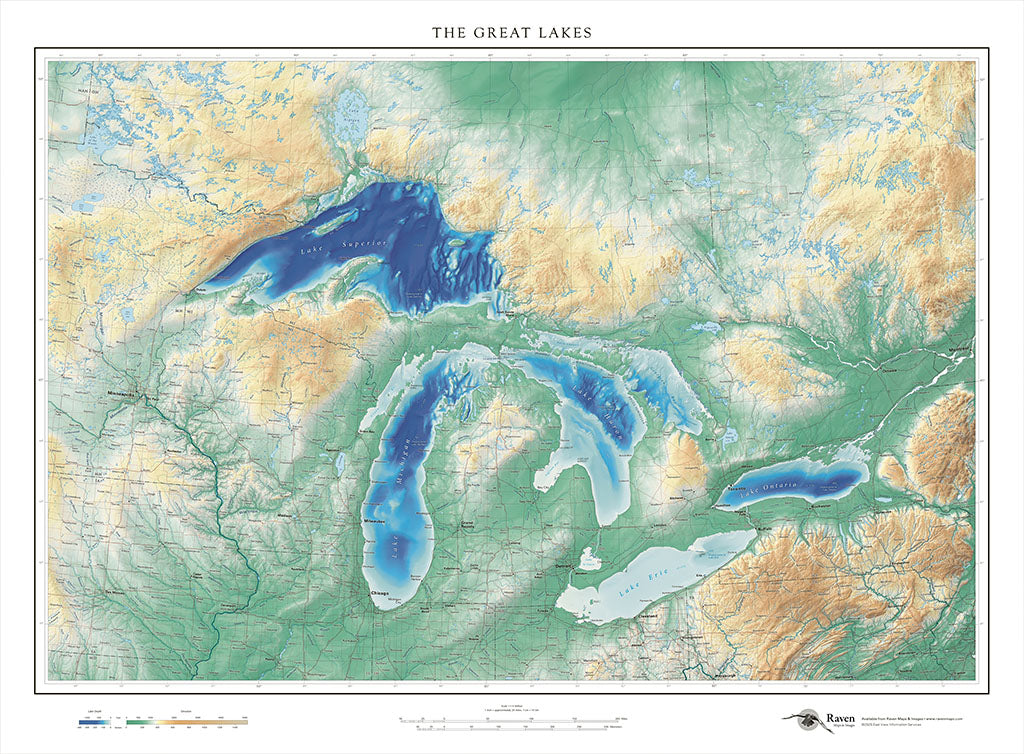 The Great Lakes Elevation Tints Fine Art Print Map