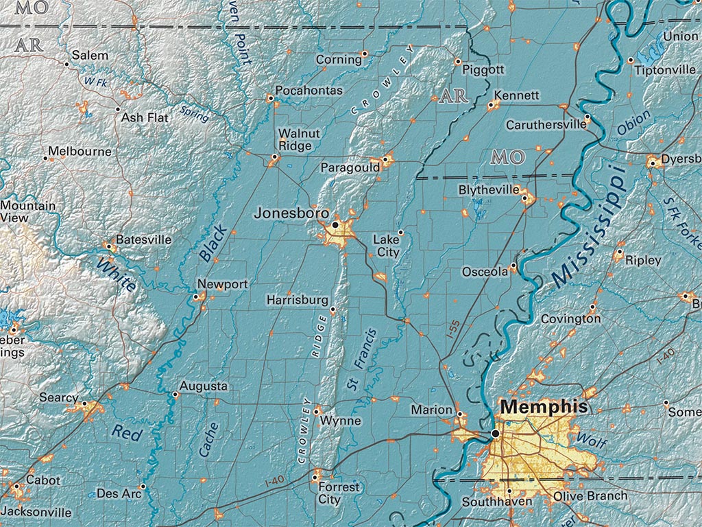 The Lower Mississippi River Valley Elevation Tints Fine Art Print Map
