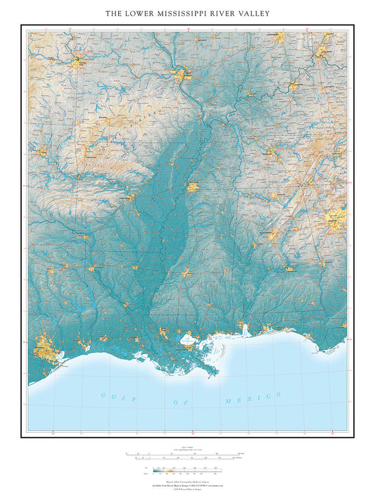 The Lower Mississippi River Valley Elevation Tints Fine Art Print Map