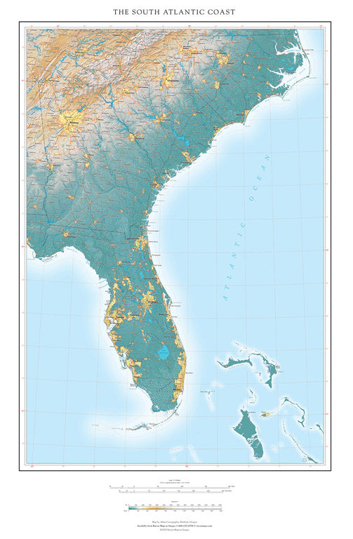 The South Atlantic Coast Elevation Tints Fine Art Print Map – Longitude ...