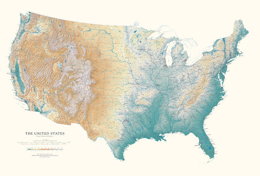 The United States Wall Mural Elevation Tints Fine Art Print Map