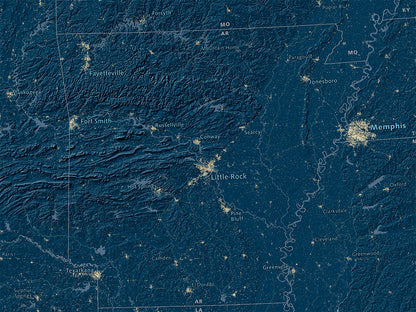 The United States at Night Elevation Tints Fine Art Print Map