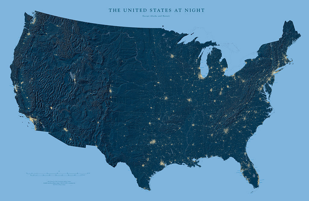The United States at Night Elevation Tints Fine Art Print Map