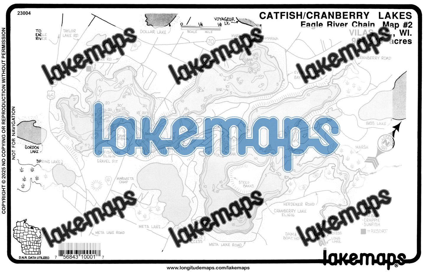 Vilas County, WI - Eagle R. Chain - Catfish/cranberry/voyager - Lakemap - 23004