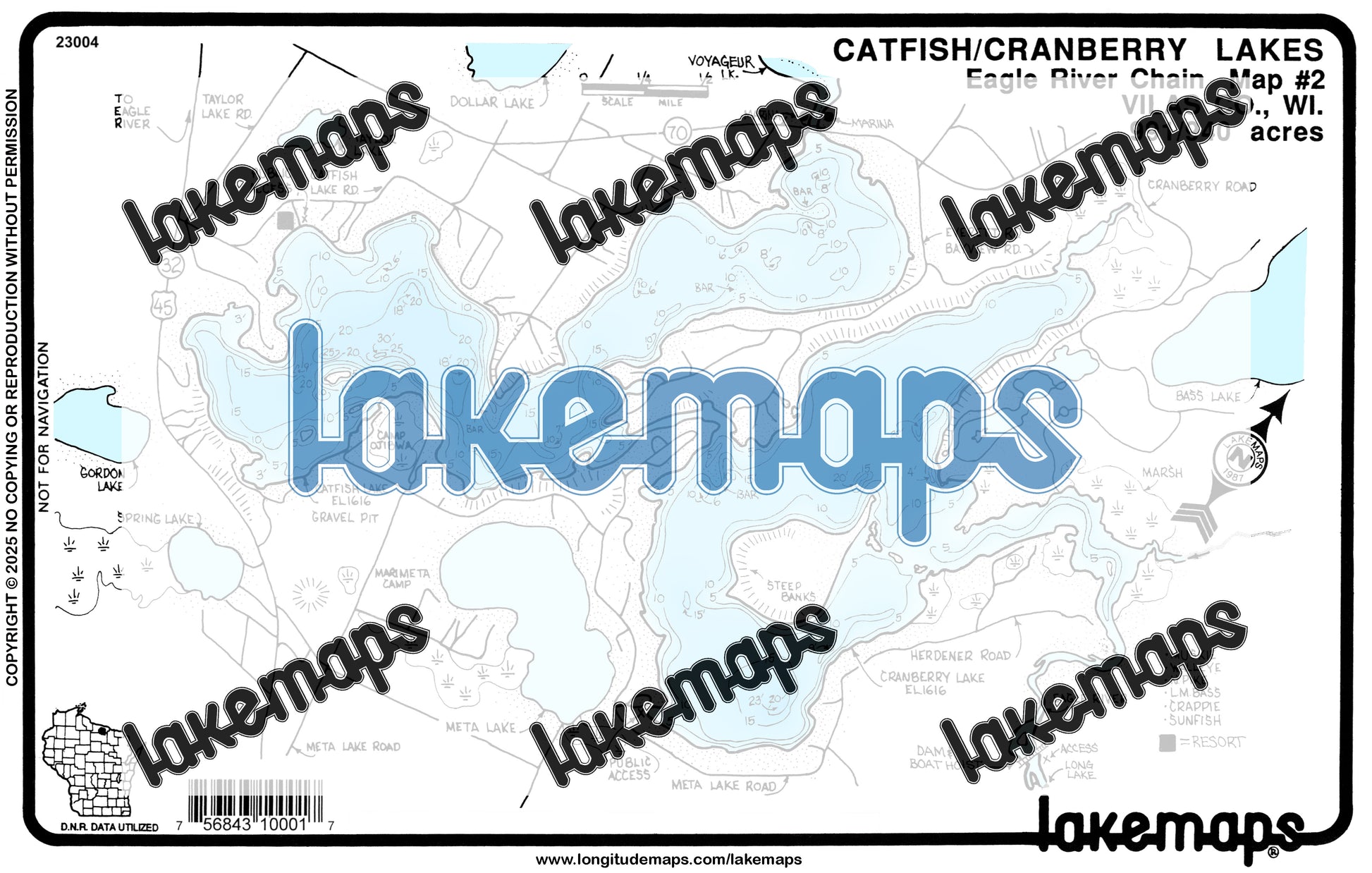 Vilas County, WI - Eagle R. Chain - Catfish/cranberry/voyager - Lakemap - 23004