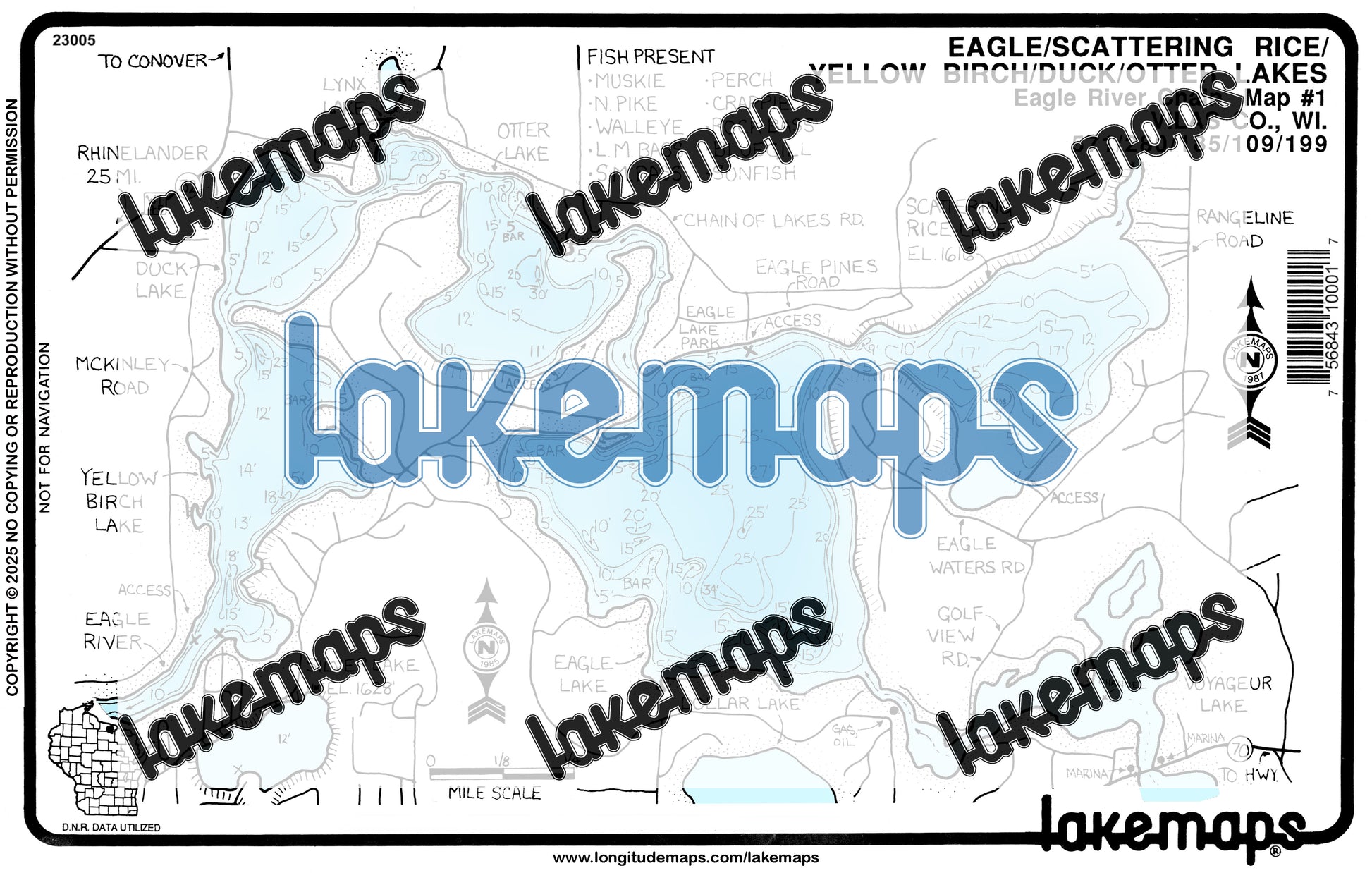 Vilas County, WI - Eagle R. Chain - Eagle/Yellow Birch/Scattering Rice - Lakemap - 23005