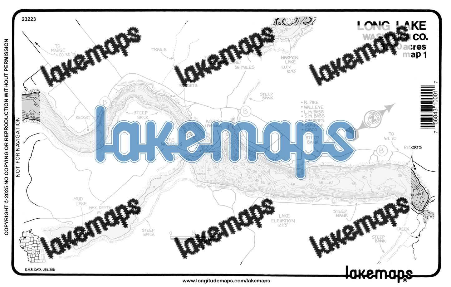 Washburn County, WI - Long Lake - map 1 North Bay Narrows - Lakemap - 23223