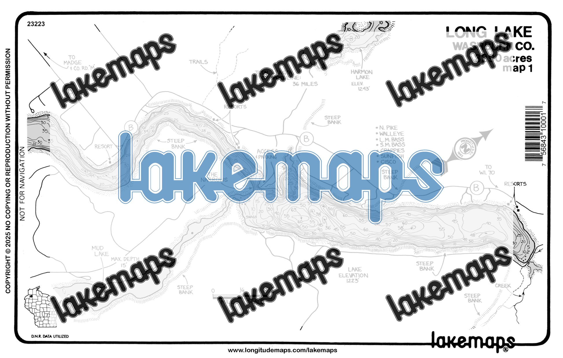 Washburn County, WI - Long Lake - map 1 North Bay Narrows - Lakemap - 23223