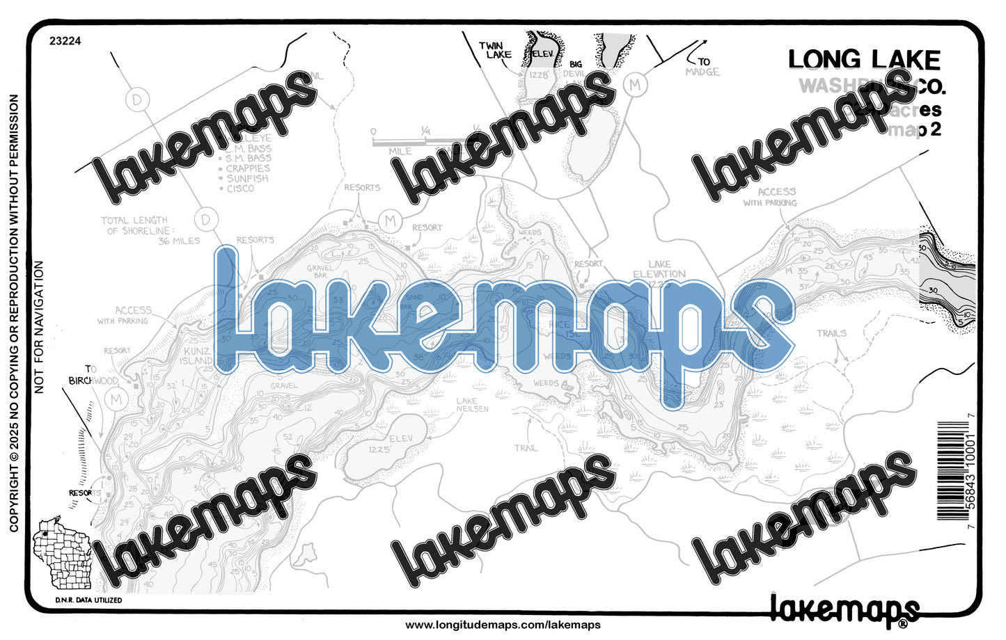 Washburn County, WI - Long Lake - map 2 North Arm to Kunz Is. - Lakemap - 23224