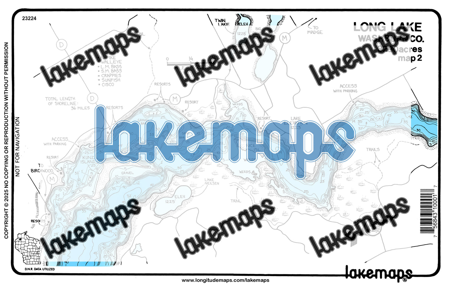 Washburn County, WI - Long Lake - map 2 North Arm to Kunz Is. - Lakemap - 23224