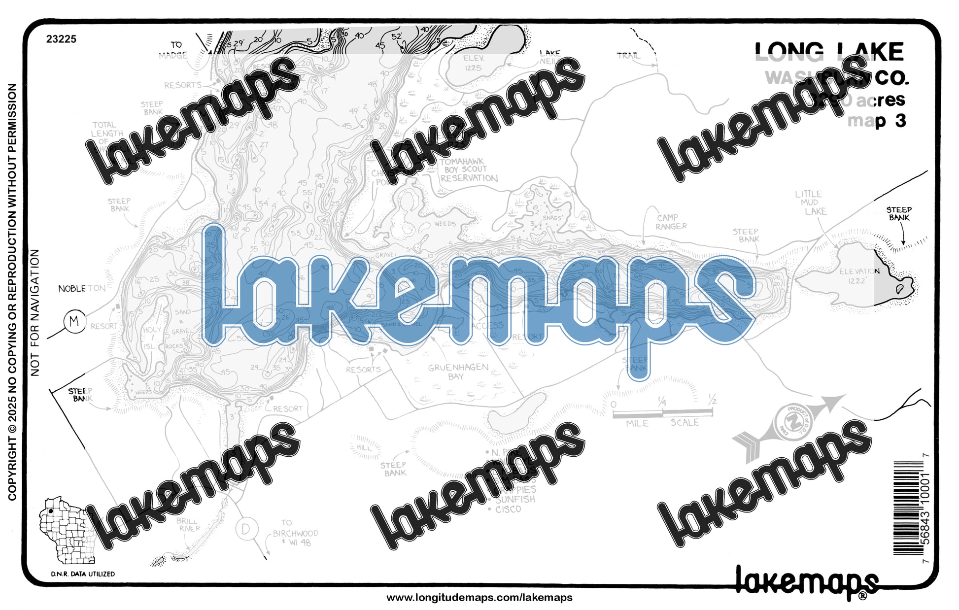 Washburn County, WI - Long Lake - map 3 Kunz Isl. - Gruenhagen Bay - Lakemap - 23225