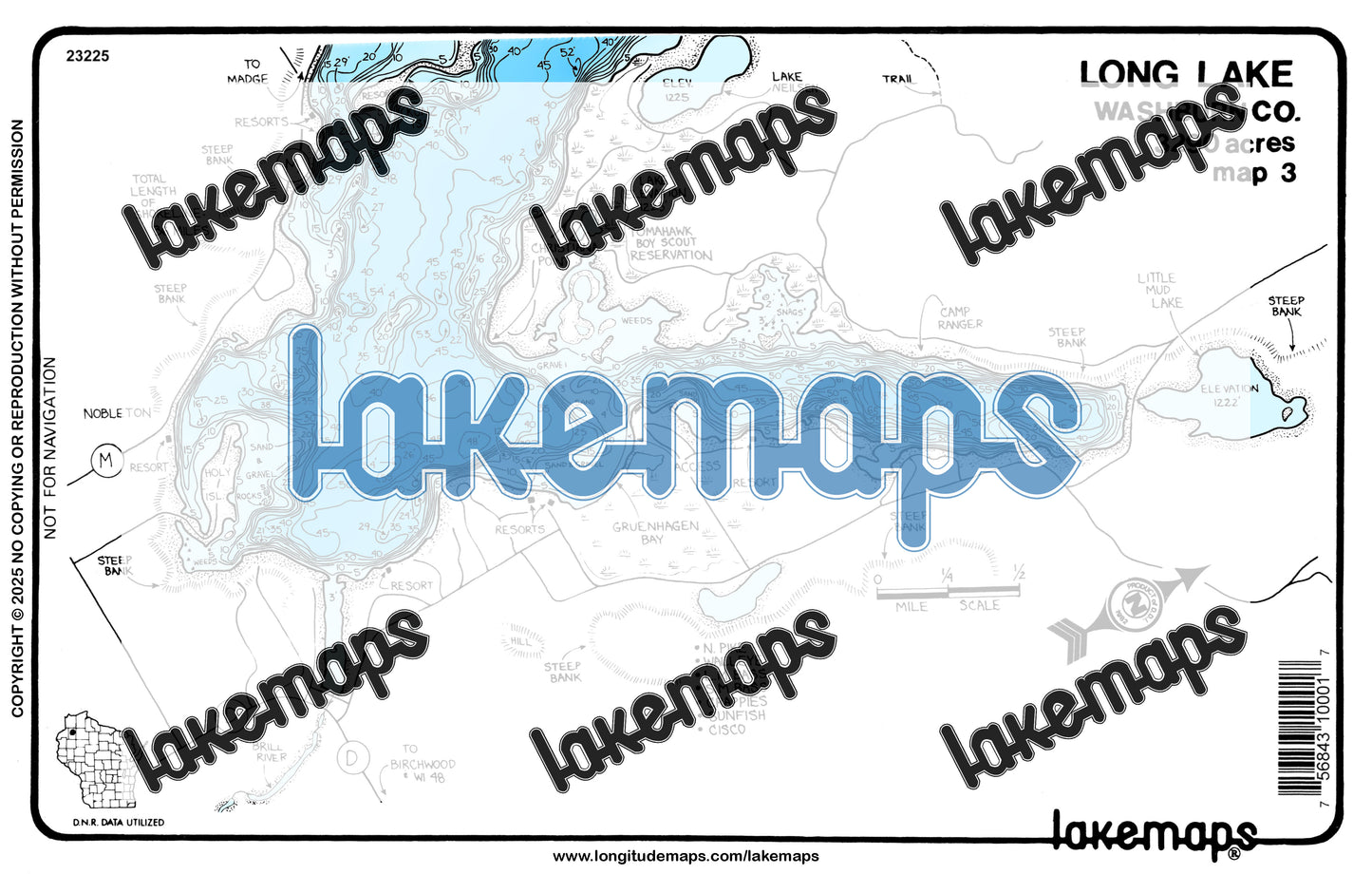 Washburn County, WI - Long Lake - map 3 Kunz Isl. - Gruenhagen Bay - Lakemap - 23225