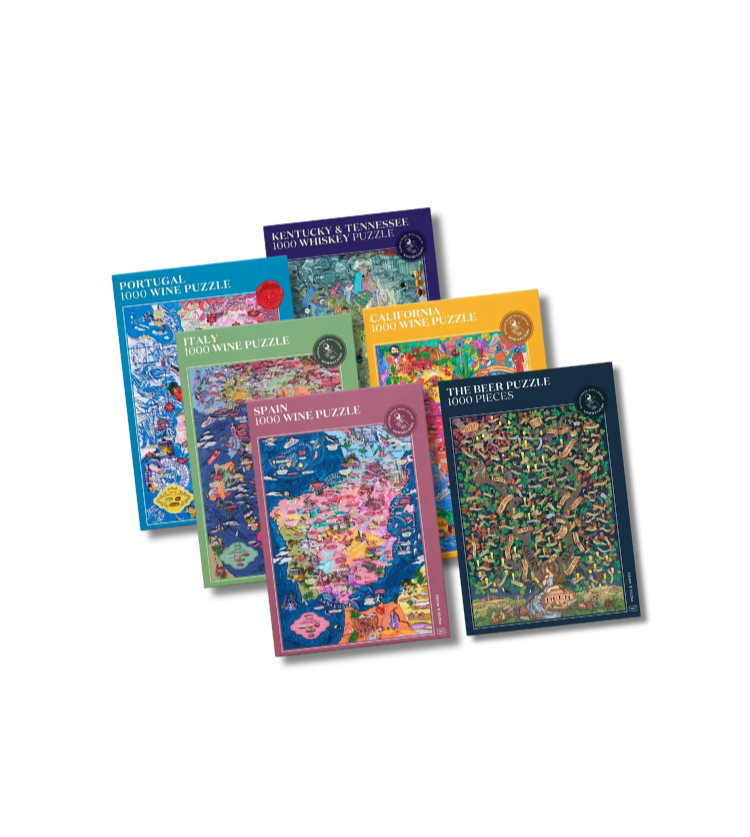 Wine Puzzles for Portugal, Kentucky and Tennessee, Italy, California, Spain, and Beer on a white bacckground.