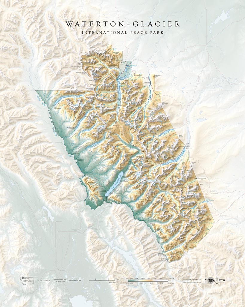 Waterton–Glacier International Peace Park Elevation Tints Fine Art Print Map