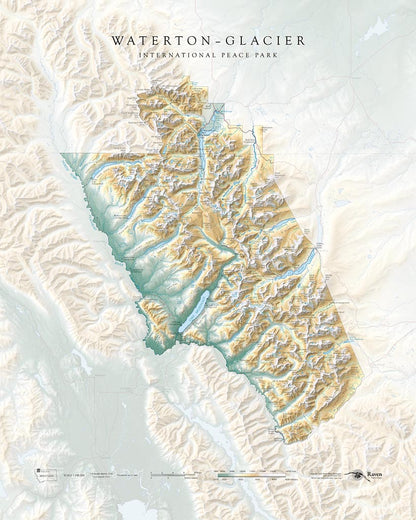 Waterton–Glacier International Peace Park Elevation Tints Fine Art Print Map