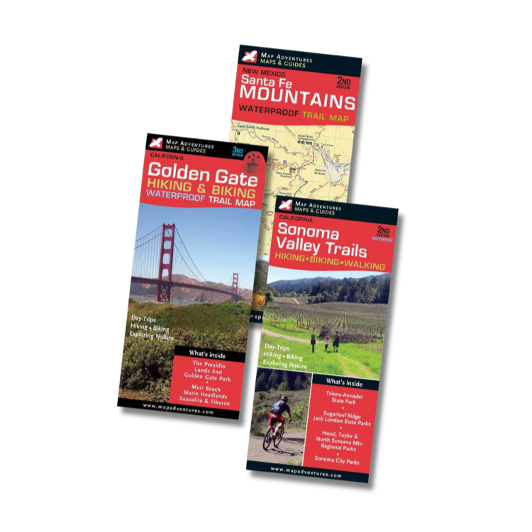 Set of hiking and biking trail maps for Santa Fe mountains, Golden Gate, and Sonoma Valley Trails on a white background.