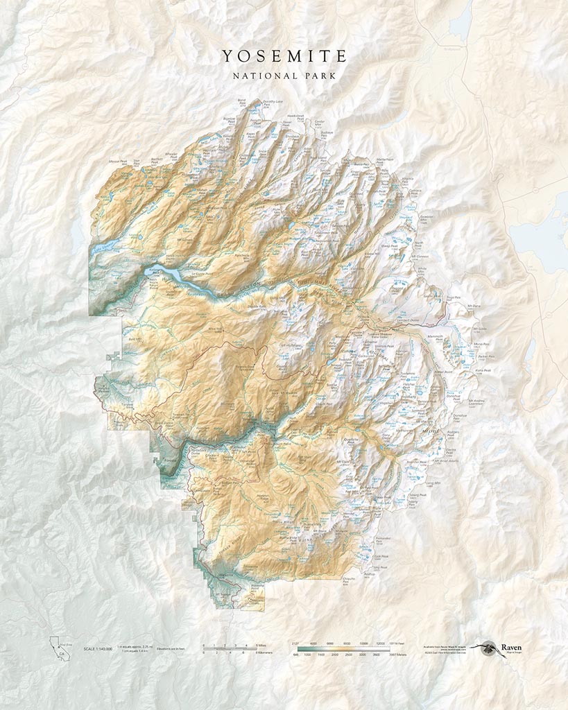 Yosemite National Park Elevation Tints Fine Art Print Map