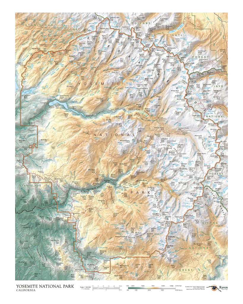 Yosemite National Park Elevation Tints Fine Art Print Map