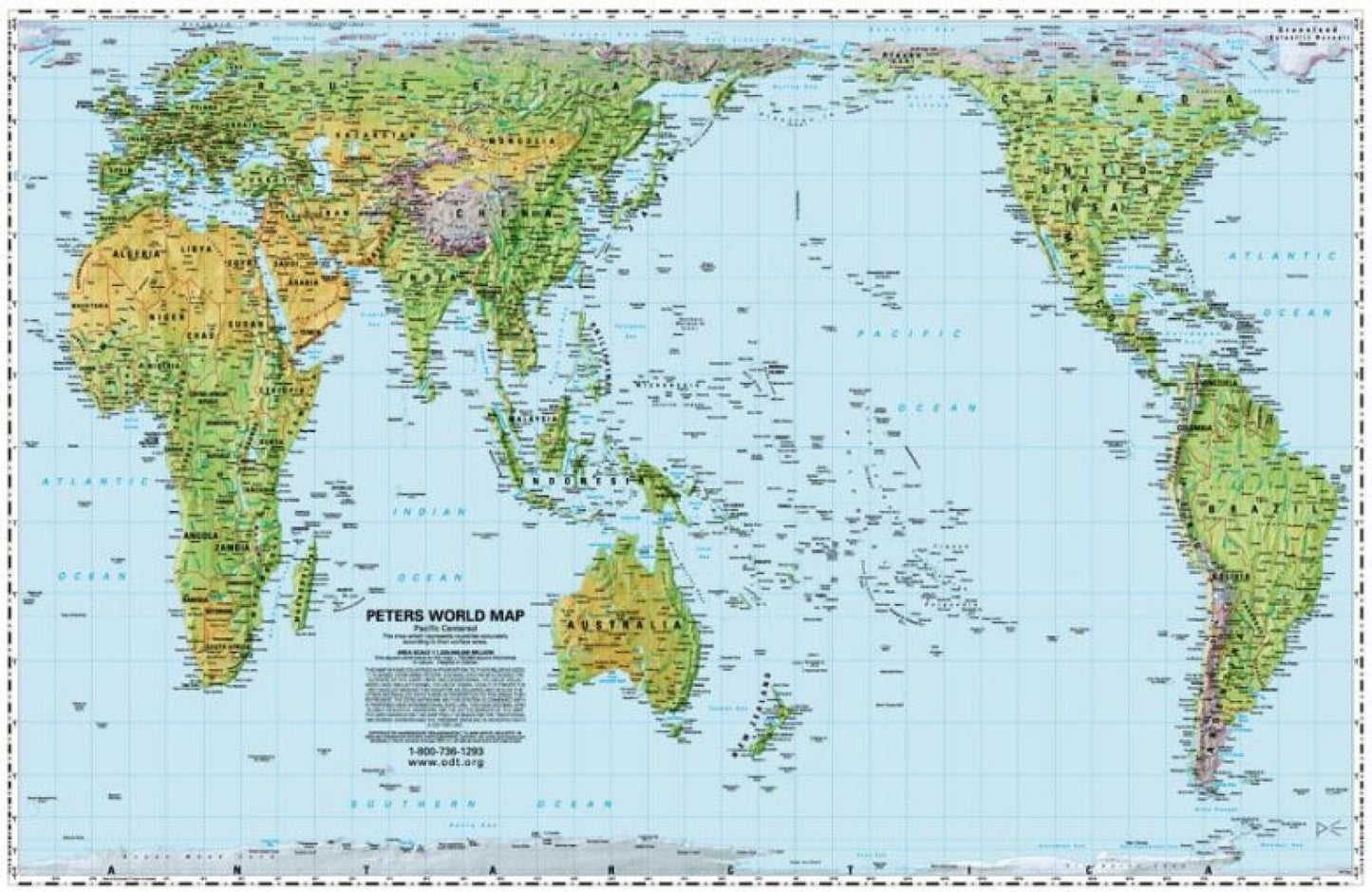 Pacific-centered Peters Equal Area Map - Laminated & Gift-Tubed Clear