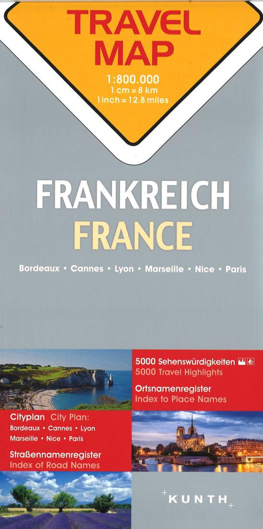 France : travel map, 1:800.000 : Bordeaux, Cannes, Lyon, Marseille, Nice, Paris