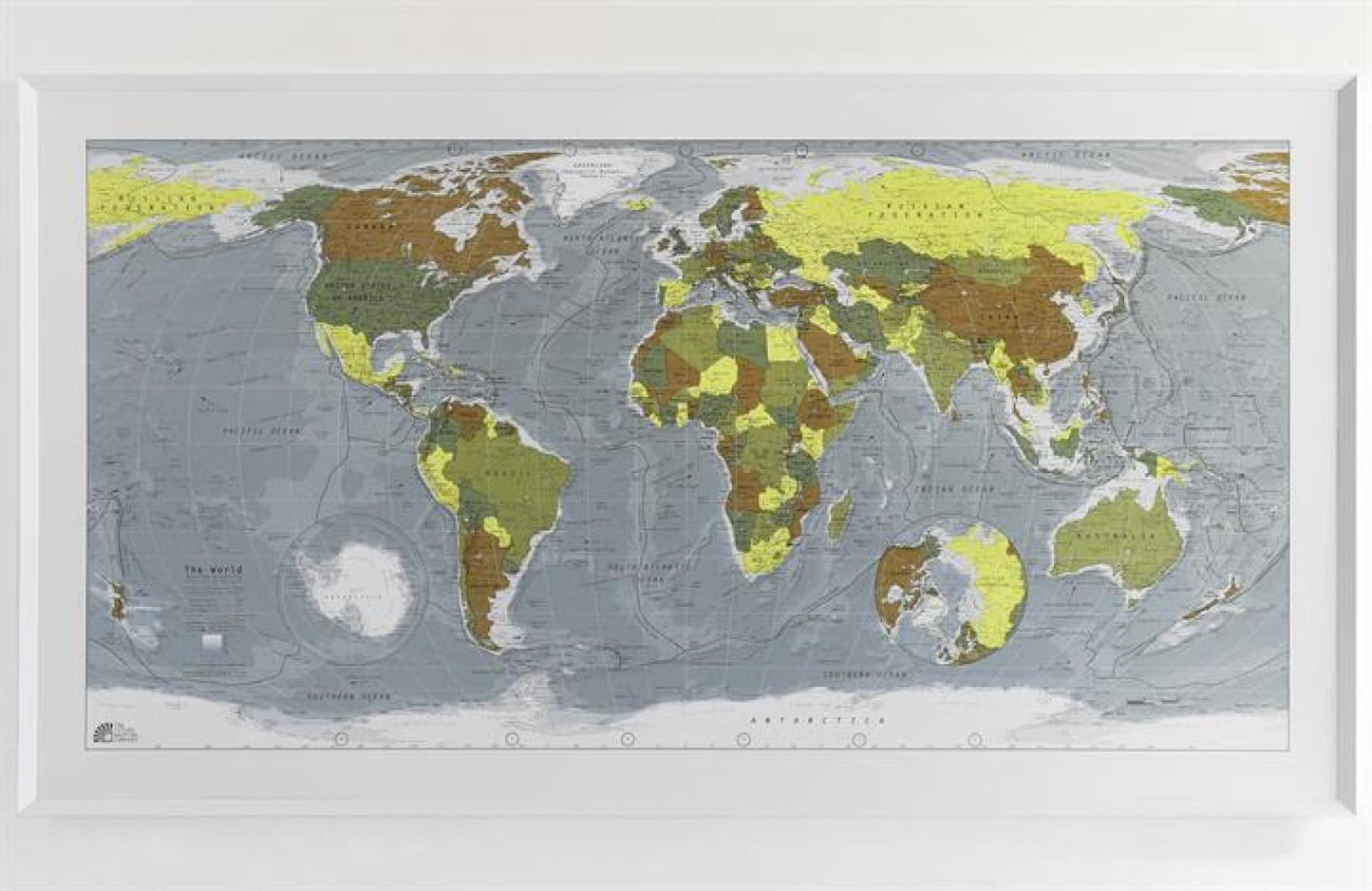 Classic World Wall Map : Gold, Khaki, Yellow, Sage
