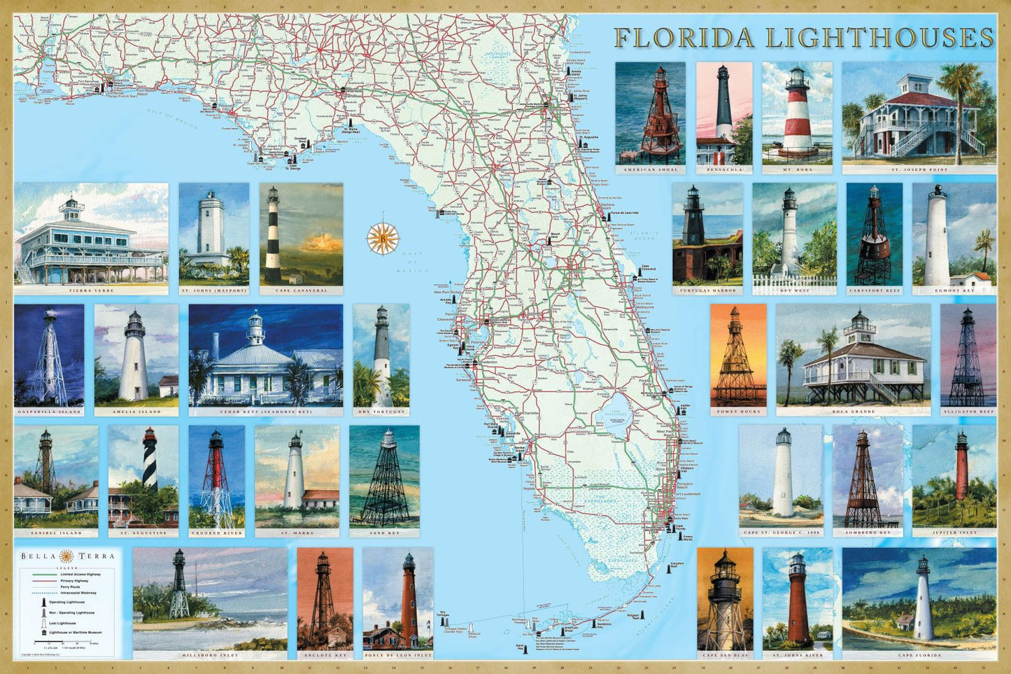 Florida Lighthouses Map - Laminated Poster