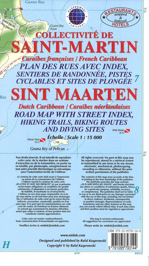 Collectivité de Saint-Martin : Caraïbes françaises, Caraïbes néerlandaises : plan des rues avec index sentiers de randonnée, pistes cyclables et sites de plongée = Sint Maarten = Saint Martin : French Caribbean, Dutch Caribbean : road map with street