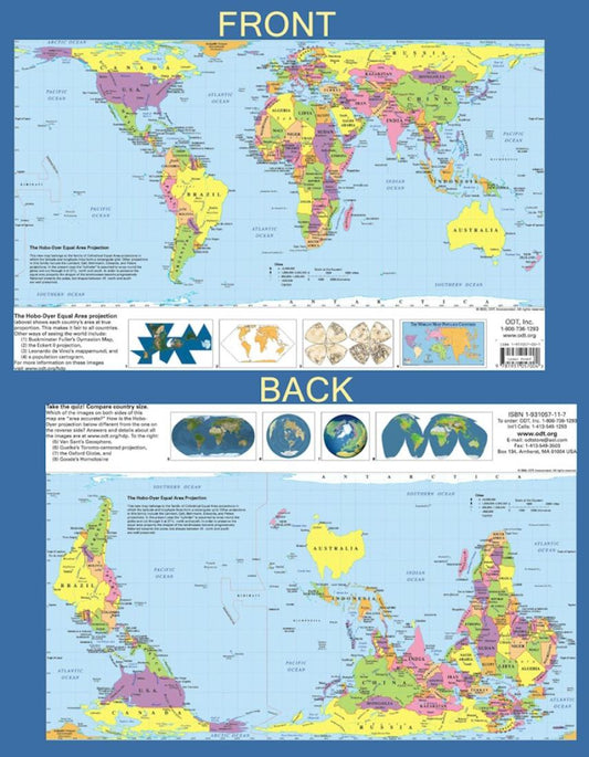 Hobo-Dyer Equal Area - Two-sided: North-up Africa-centered/South-up Australia-centered, 11" x 17", laminated