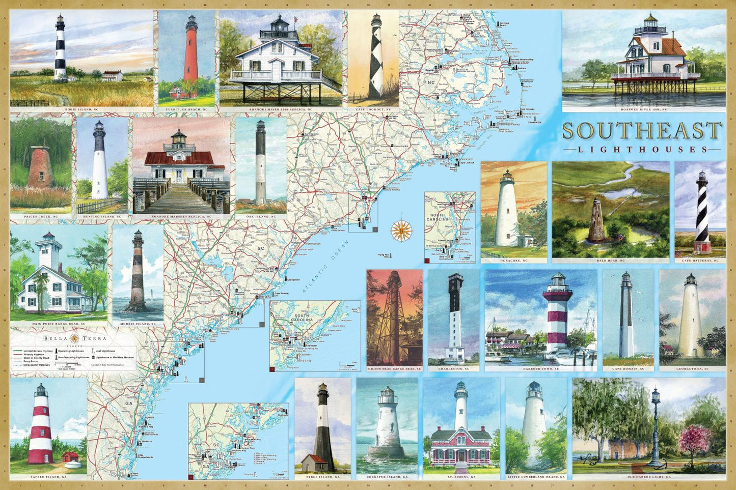 Southeast Lighthouses Map - Laminated Poster