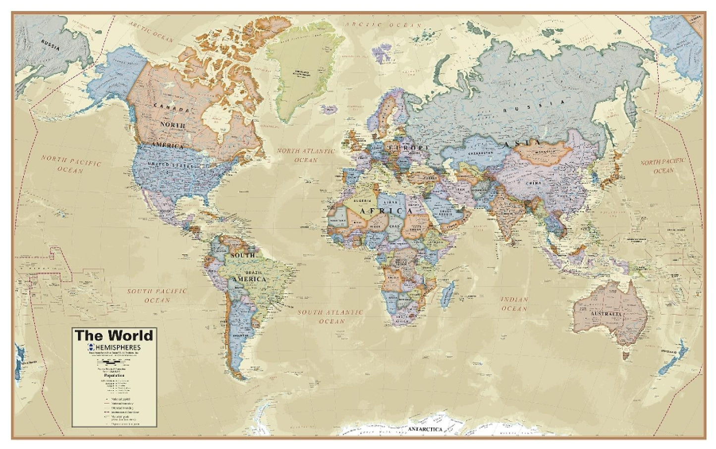 Hemispheres Boardroom Series World Laminated Wall Map : 38" x 61"