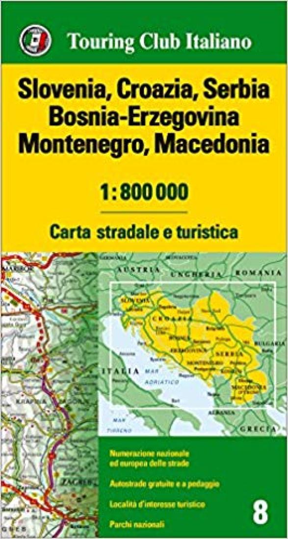 Slovenia, Croatia, Serbia, Bosnia-Erzegovina, Montenegro, and Macedonia Road and Tourist Map