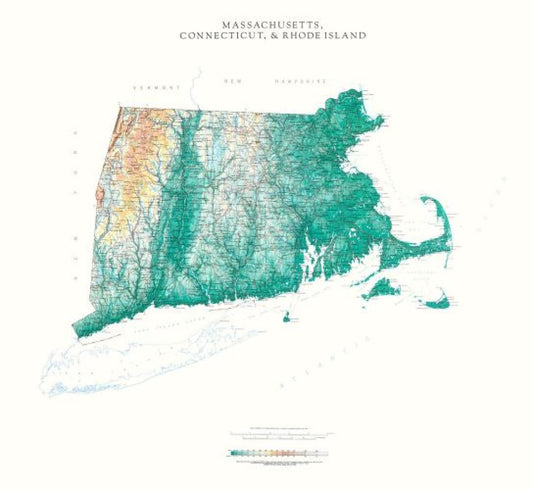 Massachusetts, Connecticut, & Rhode Island [Physical, 32x36, Laminated]