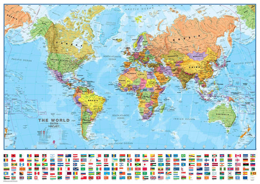 Political World Wall Map - Medium - with flags