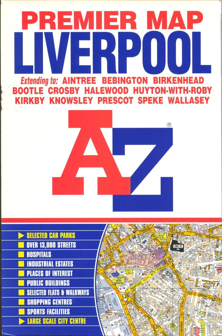 Premier map Liverpool extending to : Aintree, Bebington, Birkenhead, Bootle, Crosby, Halewood, Huyton-with-roby, Kirkby, Knowsley, Prescott, Speke, Wallasey