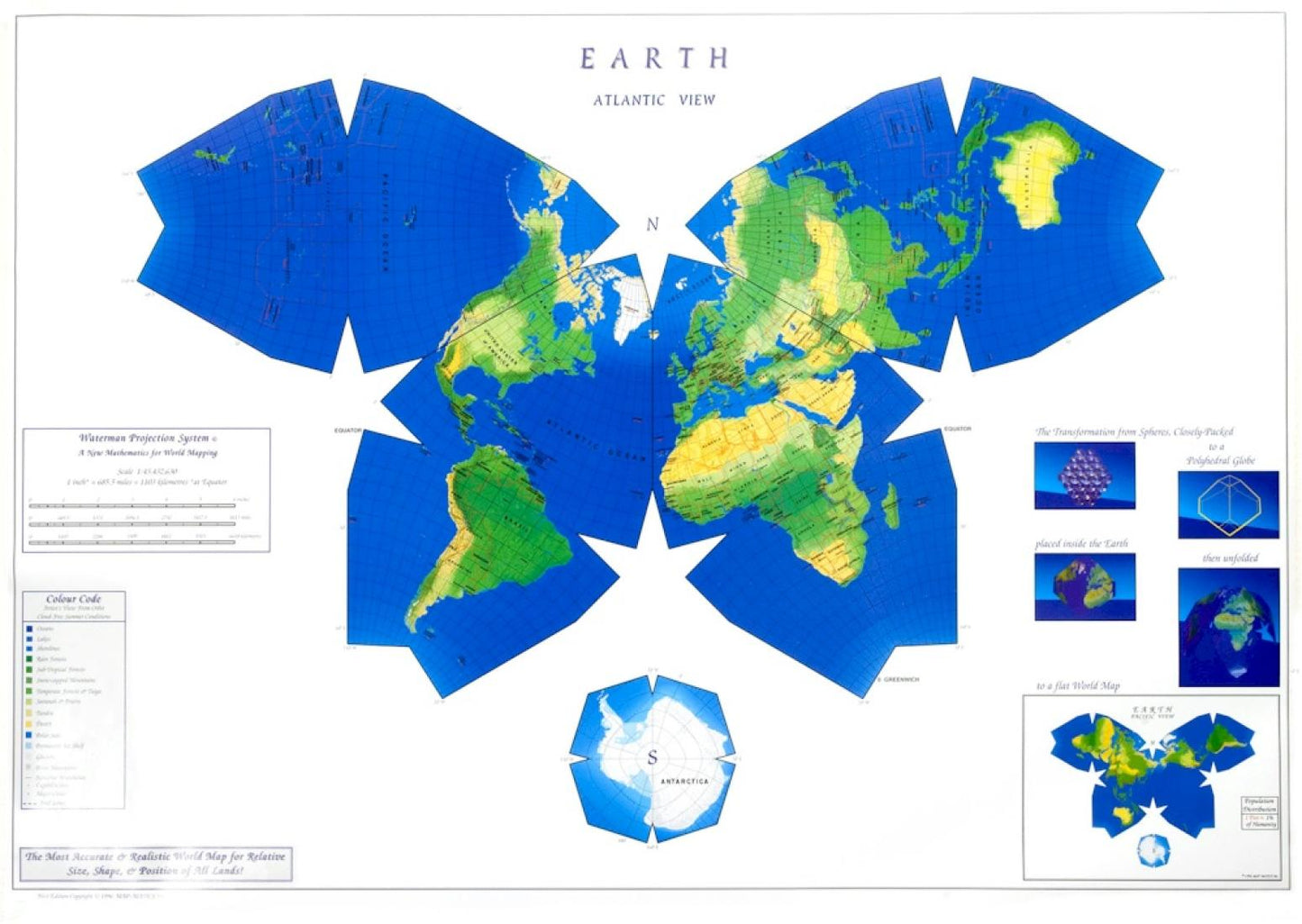 Waterman Equal-Area Butterfly Projection : World Map, Atlantic View Version 1, flat