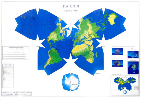 Waterman Equal-Area Butterfly Projection : World Map, Atlantic View Version 1, flat