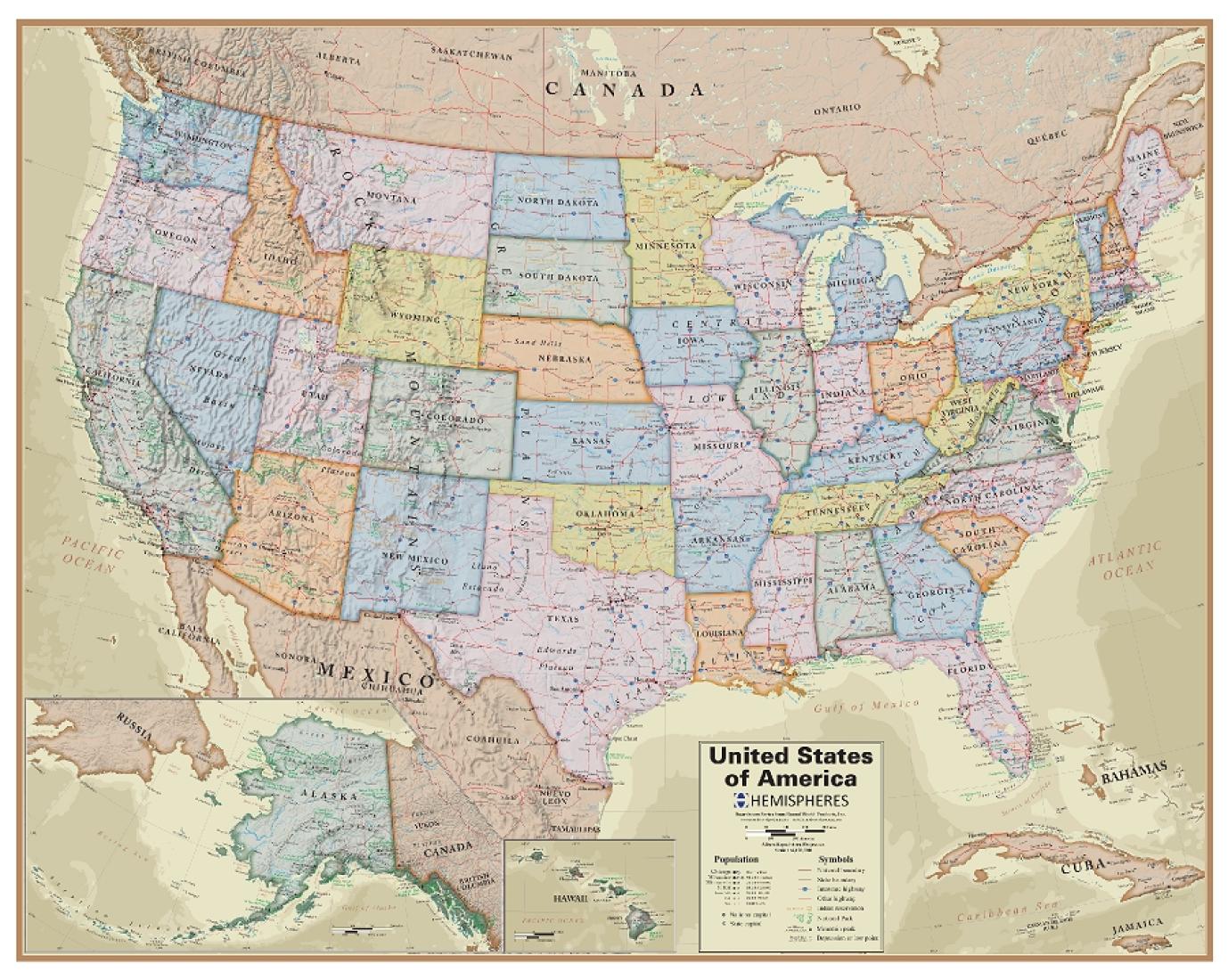 Hemispheres Boardroom Series United States Laminated Wall Map : 38" x 48"