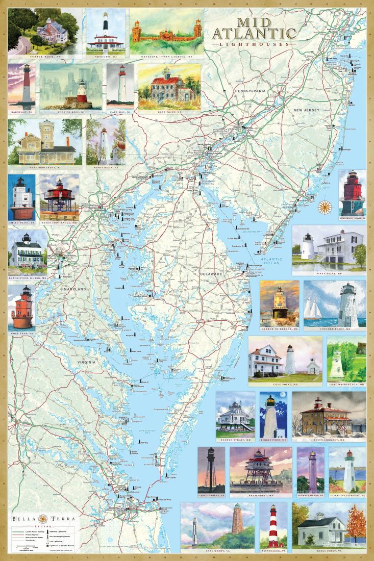 Mid-Atlantic Lighthouses Map - Laminated Poster