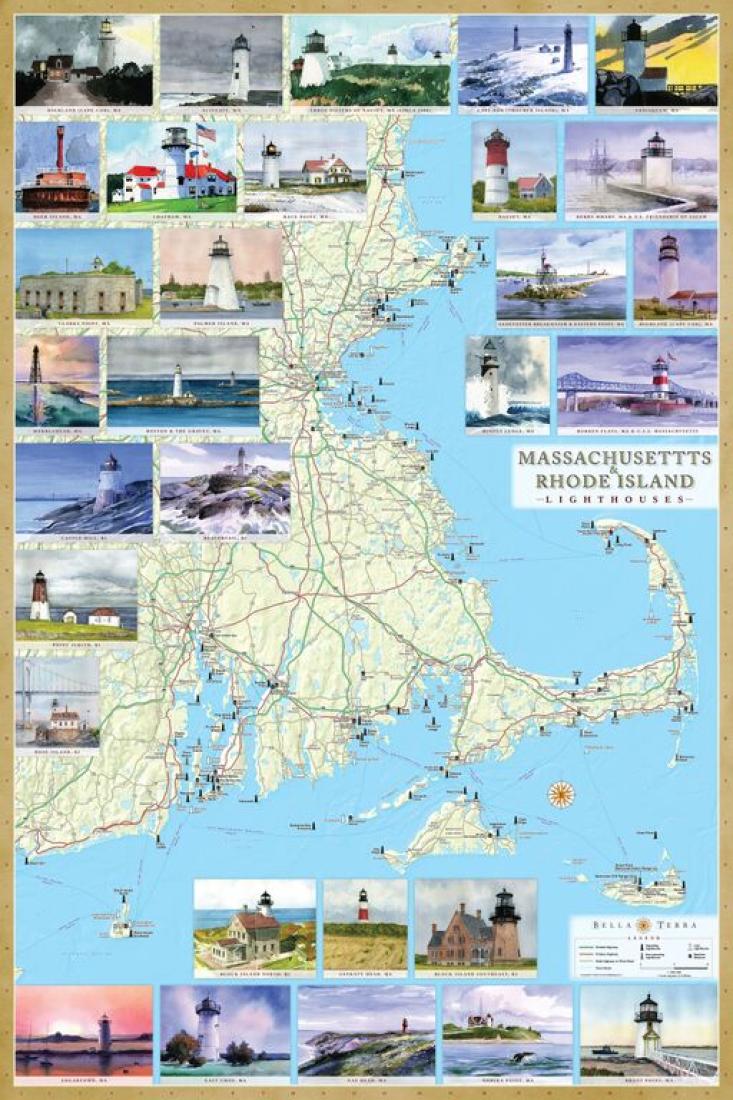 Massachusetts and Rhode Island Lighthouses Map - Laminated Poster by Bella Terra Publishing