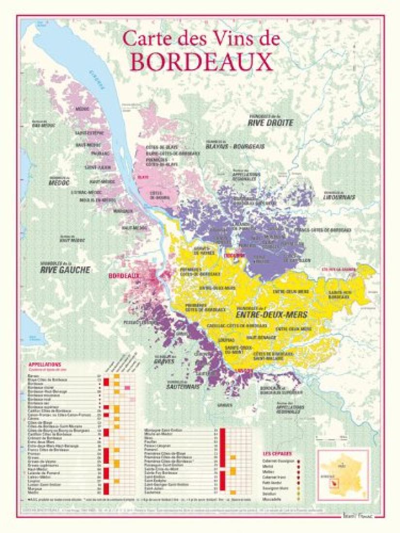 Bordeaux Region Wines & Vineyards Map (Vins de Bordeaux) - 30x40