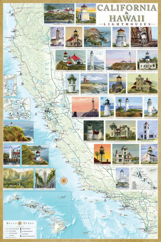 California & Hawaii Lighthouses Map - Laminated Poster