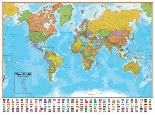 Hemispheres Blue Ocean Series Bi-Lingual French/English World Laminated Wall Map : 38" x 51"