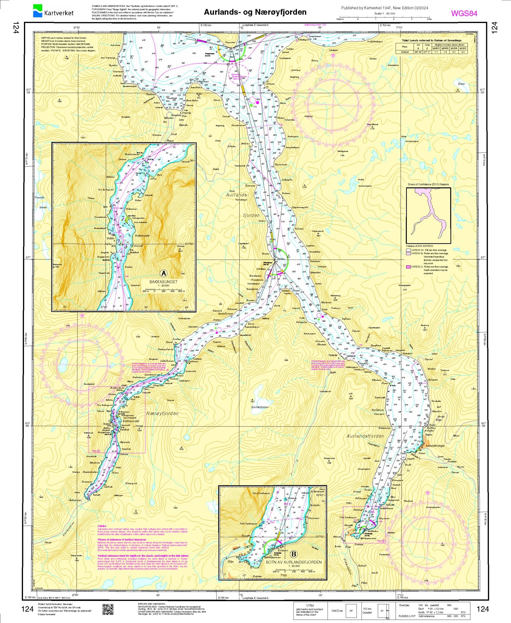 Aurlands- og Nærøyfjorden - 124 - Norway Kartverket Nautical Charts